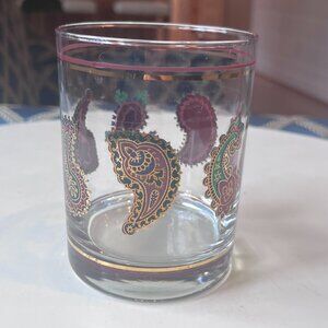 Vintage CERA Glass Henna paisley print gold purple green whiskey lowaball rocks